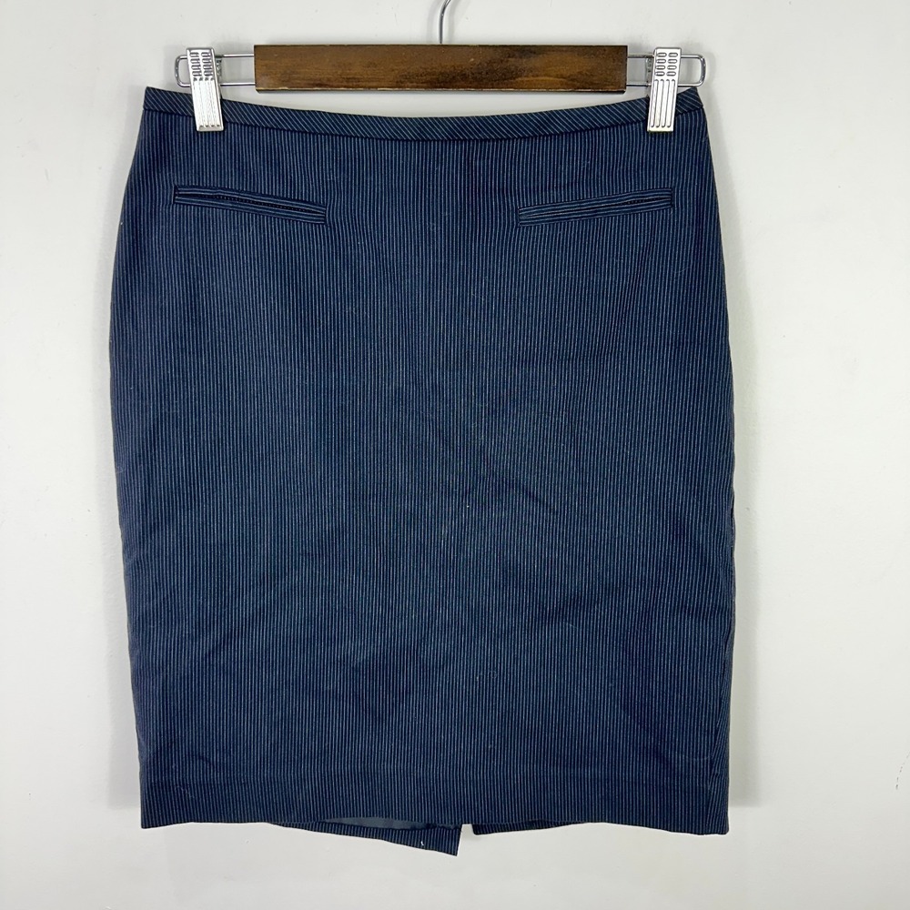 Ann Taylor Pinstripe Pencil Skirt 4P Blue Office Parisian Chic Quiet Luxury